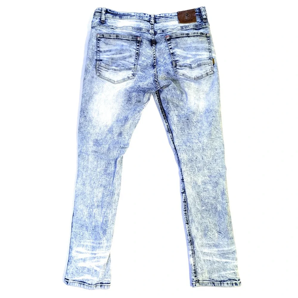 Makobi Men's Acid Wash Distressed Red Ripped Patch Jeans M1773 Blue 38x32 - Picture 2 of 8